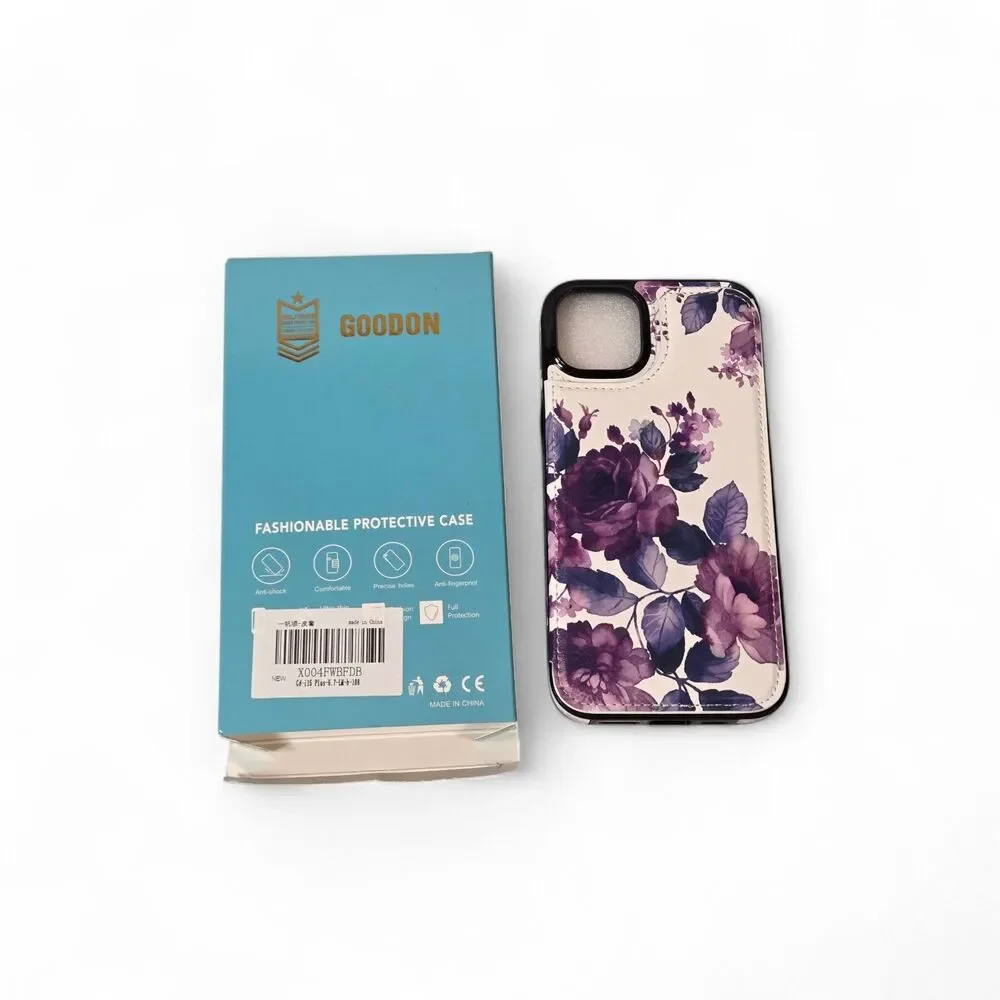GOODON iPhone 15 Plus Wallet Case‎ Purple Floral Flip Cover Card Holder New